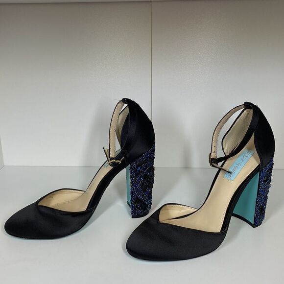 Blue by Betsey Johnson Embellished Black Silk Strap Block Heel Sybil Women's 6 - Picture 5 of 9
